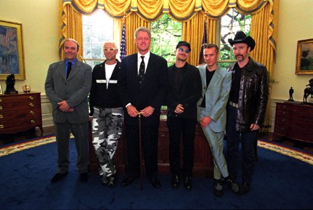 President Bill Clinton with members of the band U2 in the Oval Office