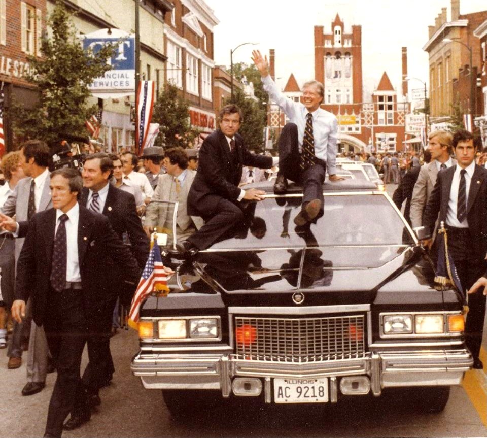 President Carter on top of limousine in Bardstown, KY