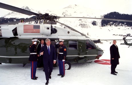 President Bill Clinton disembarks Marine One in Davos, Switzerland