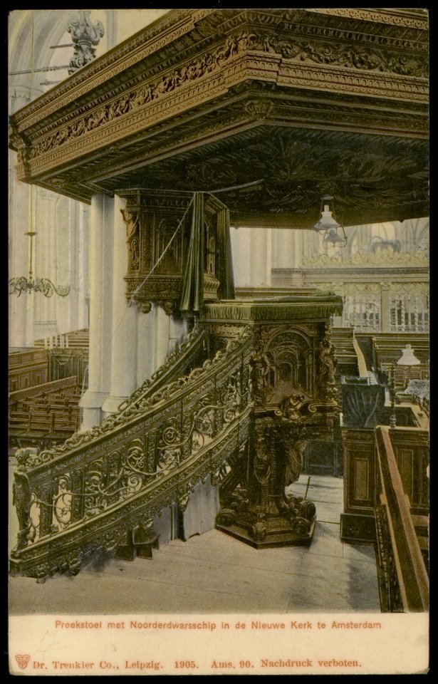 Preekstoel met Noorderdwarsschip in de Nieuwe Kerk, Dam 12, Afb PBKD00389000002