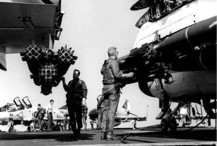 Preflight check on aircraft aboard USS Ranger (CVA-61) in January 1968