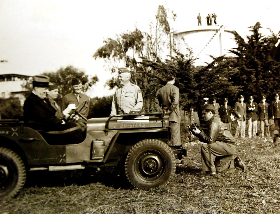 President Franklin Roosevelt in Jeep with MG Patton standing, Casablanca, 1943 (24632540182)