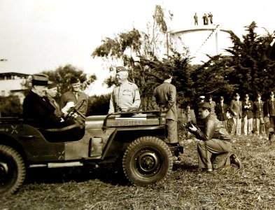 President Franklin Roosevelt in Jeep with MG Patton standing, Casablanca, 1943 (24632540182)