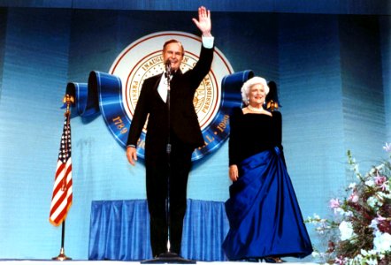 President George H. W. Bush and Barbara Bush Attend the Inaugural Ball at the DC Armory