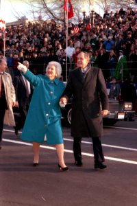 President George H. W. Bush and Mrs. Barbara Bush Walk down Pennsylvania Avenue after the Inauguration at the U.S. Capitol