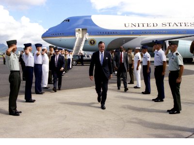 President George H. W. Bush is Welcomed by Military Personnel to Hickam Air Force Base, Honolulu, Hawaii