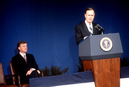 President George H. W. Bush speaks at the Pentagon photo