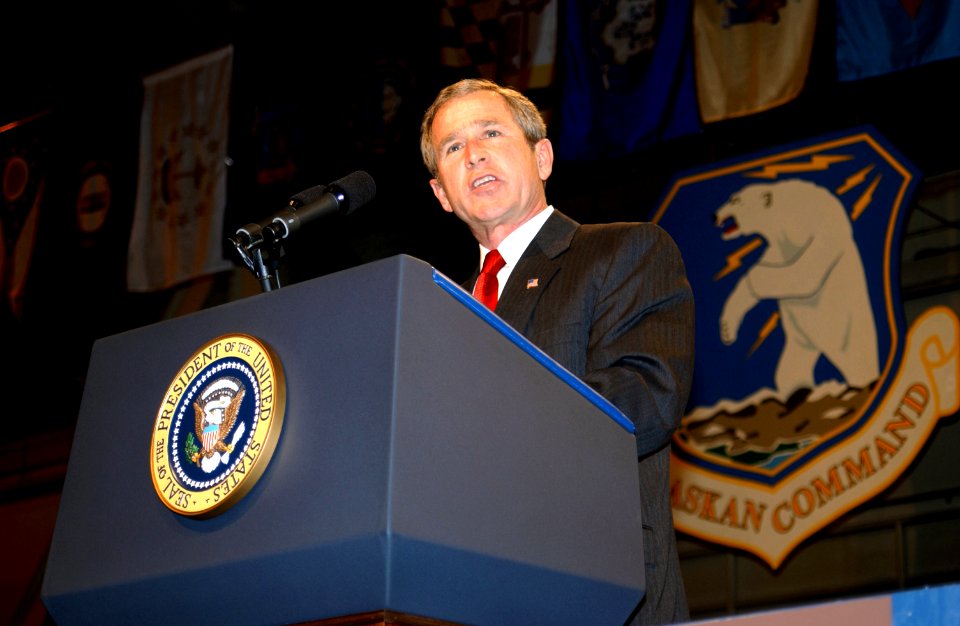 President George W. Bush at Elmendorf Air Force Base, where he speaks to an enthusiastic full house in Hanger 3
