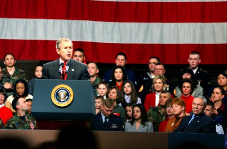 President George W. Bush speaks to an enthusiastic full house in Hanger 3 at Elmendorf Air Force Base