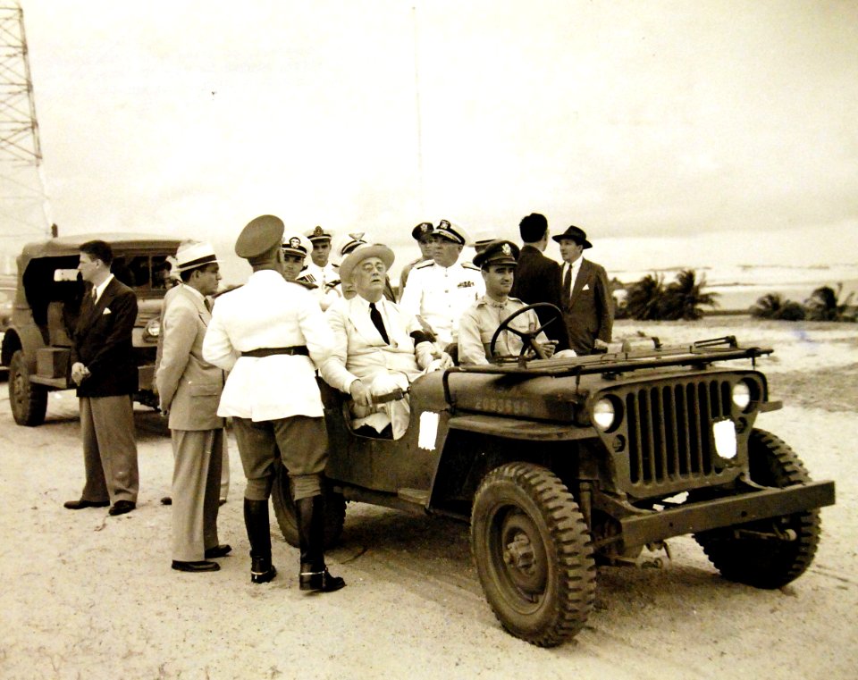 President Franklin Roosevelt rides in a Jeep in Natal, Brazil (24764377949)