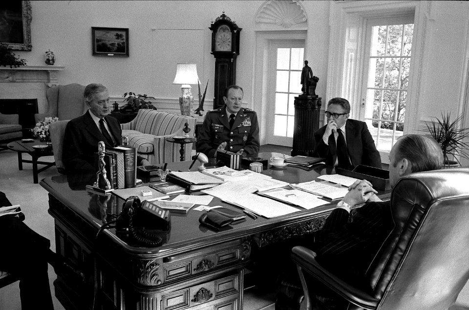 President Gerald Ford meets with Henry Kissinger, Frederick Weyand, and Graham Martin