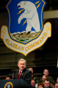 President George W. Bush speaks to a crowd at Elmendorf Air Force Base