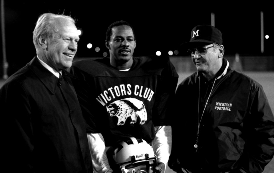President Gerald Ford visits the University of Michigan football team