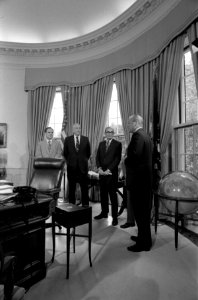 President Gerald R. Ford Announcing his Candidacy for the 1976 Presidential Election in the Oval Office with Howard Callaway, Dean Burch, Robert Moot, and David Packard