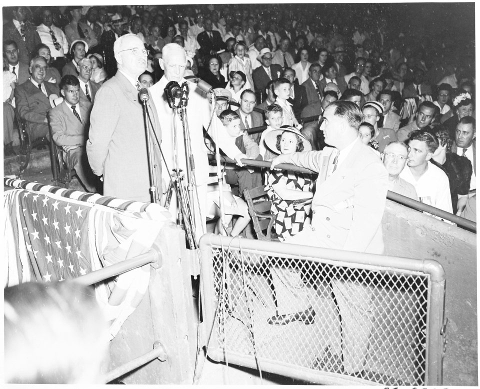 President Harry S. Truman attending a baseball game, Griffith Stadium, Washington, DC. A close-up of President... - NARA - 199866