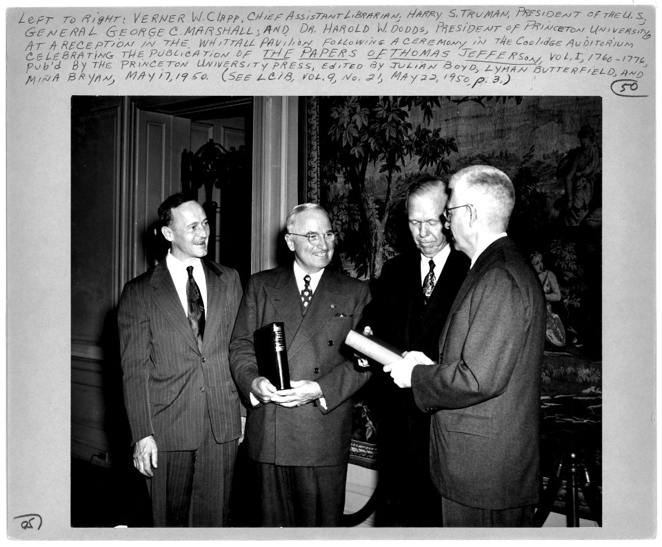 President Harry S. Truman, General George C. Marshall, Dr. Harold W. Dodds and Verner W. Clapp May 22, 1950