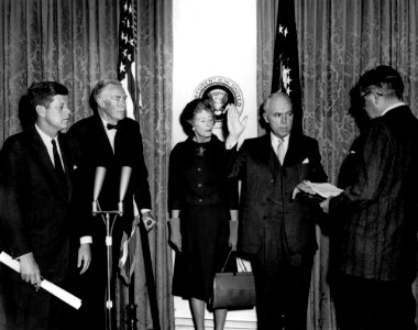 President John F. Kennedy Attends Swearing-in Ceremony for Special Representative for Trade Negotiations, Christian A. Herter, and Deputy Special Representative for Trade Negotiations, William T. Gossett JFKWHP-AR7631-D