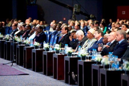 President al-Sisi Listens as Secretary Kerry Addresses Audience of Several Thousand Attending Egyptian Development Conference in Sharm el-Sheikh