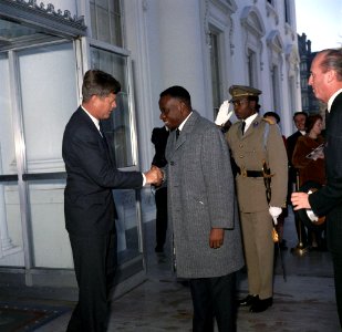 President John F. Kennedy Greets Cyrille Adoula, Prime Minister of the Republic of the Congo (Leopoldville)