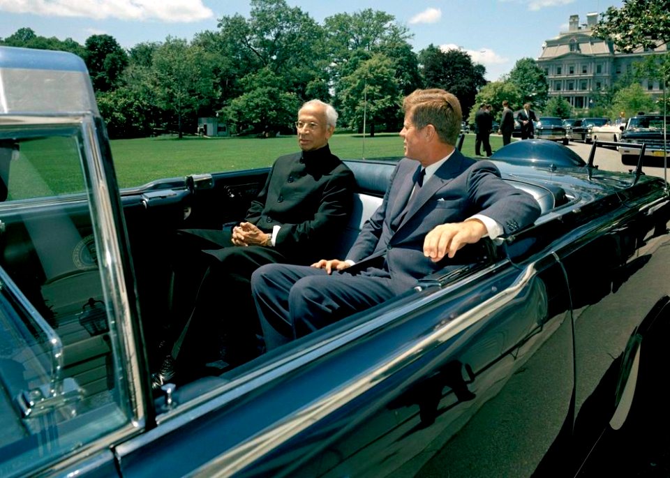 President John F. Kennedy and President Dr. Sarvepalli Radhakrishnan of India in Car Before Motorcade (6) (cropped)