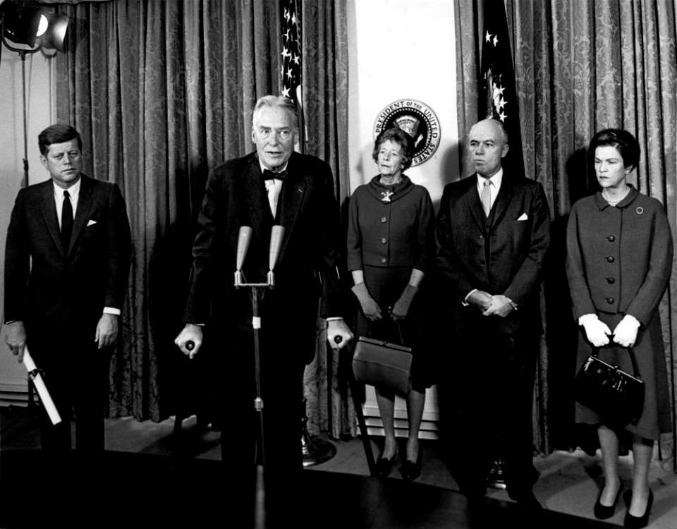 President John F. Kennedy Attends Swearing-in Ceremony for Special Representative for Trade Negotiations, Christian A. Herter, and Deputy Special Representative for Trade Negotiations, William T. Gossett JFKWHP-AR7631-B