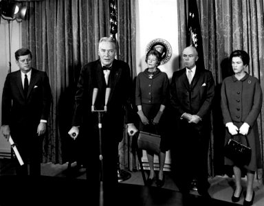 President John F. Kennedy Attends Swearing-in Ceremony for Special Representative for Trade Negotiations, Christian A. Herter, and Deputy Special Representative for Trade Negotiations, William T. Gossett JFKWHP-AR7631-B