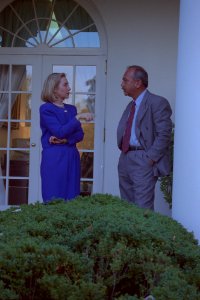 President Bill Clinton and First Lady Hillary Clinton meet with Governor John Waihee of Hawaii and others in the Oval Office (11)