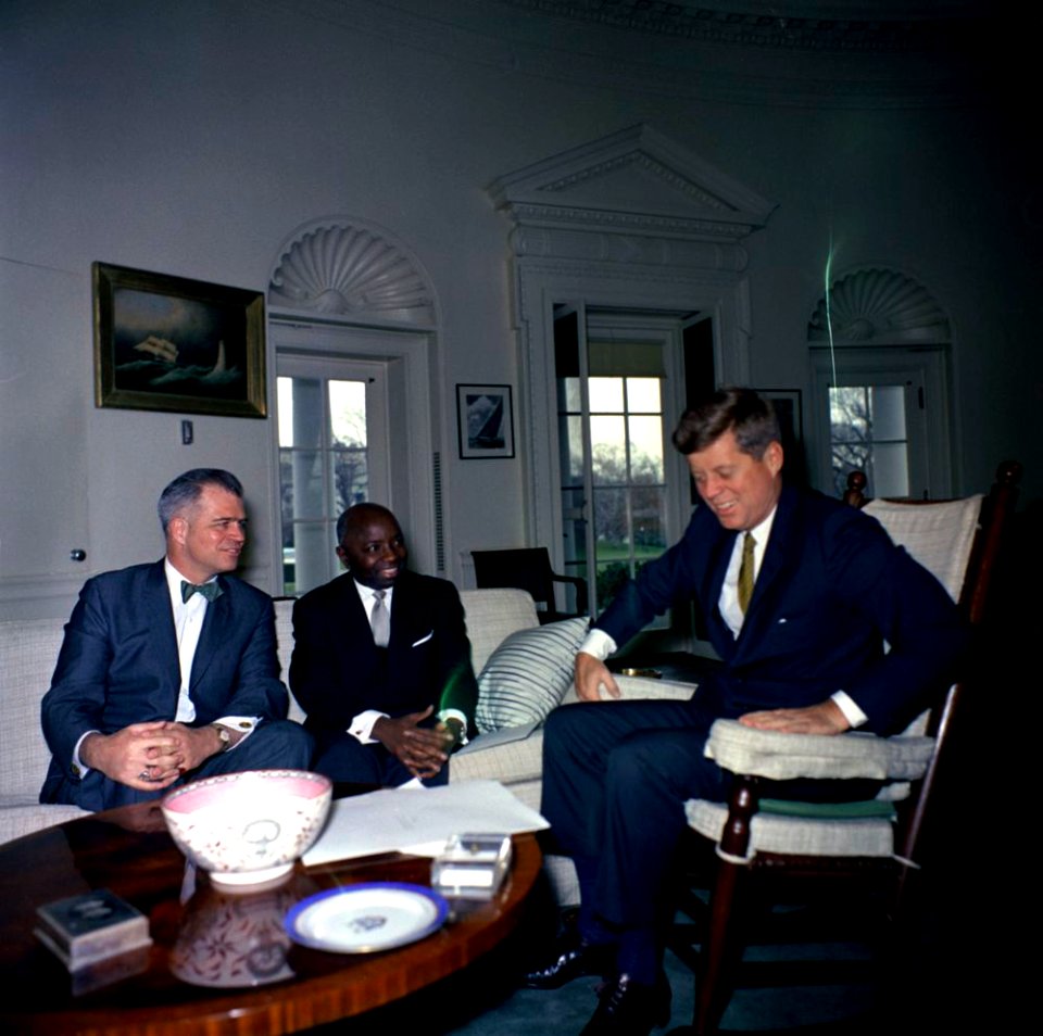 President John F. Kennedy Meets with Ambassador of Cameroon, Jacques Kuoh Moukouri (group of 3)