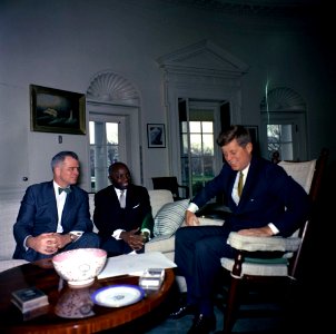 President John F. Kennedy Meets with Ambassador of Cameroon, Jacques Kuoh Moukouri (group of 3)