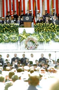 President George H. W. Bush speaks at a morning service at Arlington National Cemetery