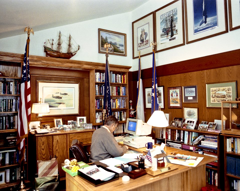 President George H. W. Bush Works at the Computer in his Office at Camp David