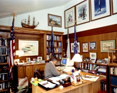 President George H. W. Bush Works at the Computer in his Office at Camp David photo