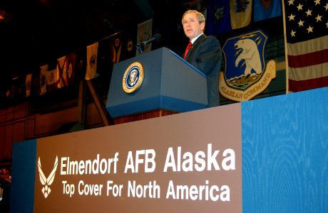President George W. Bush speaks to a crowd in Hanger 3 at Elmendorf Air Force Base