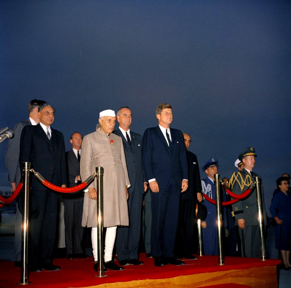 President John F. Kennedy, Prime Minister of India Jawaharlal Nehru, and Others During Arrival Ceremonies (2) (color)