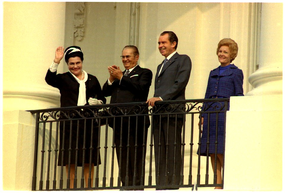 President and Mrs. Tito, President and Mrs. Nixon overlooking arrival ceremony on the South Lawn from the South... - NARA - 194386