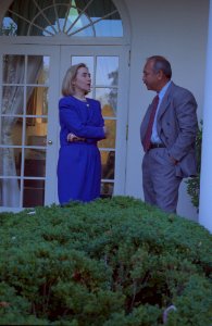 President Bill Clinton and First Lady Hillary Clinton meet with Governor John Waihee of Hawaii and others in the Oval Office (09)