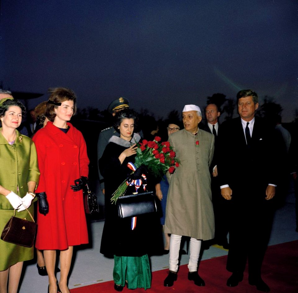 President John F. Kennedy, First Lady Jacqueline Kennedy, Prime Minister of India Jawaharlal Nehru, and Others at Arrival Ceremonies (color)