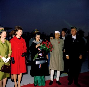 President John F. Kennedy, First Lady Jacqueline Kennedy, Prime Minister of India Jawaharlal Nehru, and Others at Arrival Ceremonies (color)