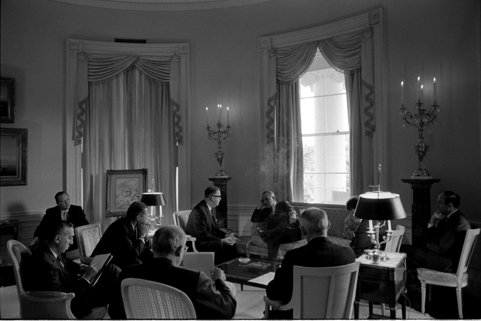 President Lyndon B. Johnson at a meeting concerning tensions between Israel and the Arab states