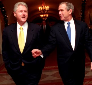 President Bill Clinton and President-Elect George W. Bush walk through the White House (2)
