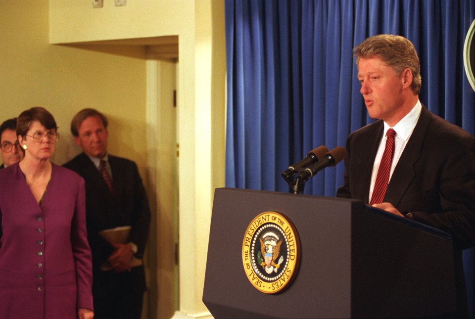 President Bill Clinton and U.S. Attorney General Janet Reno at press briefing on the Oklahoma City bombing
