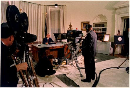 President Lyndon B. Johnson speech re bombing halt and decision not to run for re-election - NARA - 192619 photo