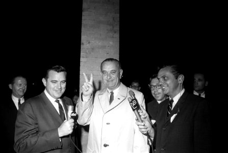 President Lyndon B. Johnson with reporters on Election Night 1964 photo