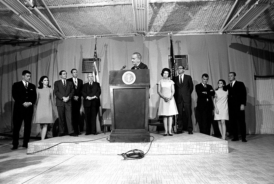 President Lyndon Johnson announcing Appointments of Dean Griswold as Solicitor General; Ed Weisl Jr. as Assistant Attorney General, Civil Division; and Stephen Pollak, Special Assistant to the Attorney General (a4881-23a)