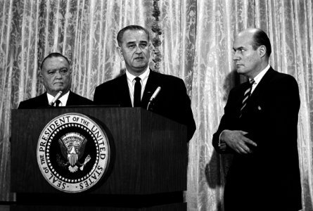 President Lyndon B. Johnson announcing the capture of Ku Klux Klan members suspected of murdering civil rights worker in Alabama