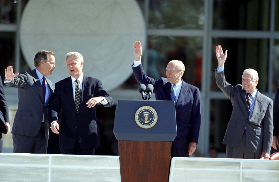 President Bill Clinton with former Presidents George H. W. Bush, Gerald Ford, and Jimmy Carter
