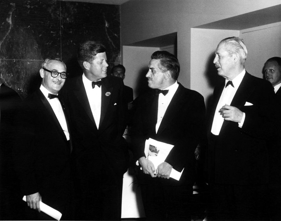 President John F. Kennedy and Prime Minister Harold Macmillan of Great Britain at White House Correspondents and News Photographers Dinner JFKWHP-AR7186-N