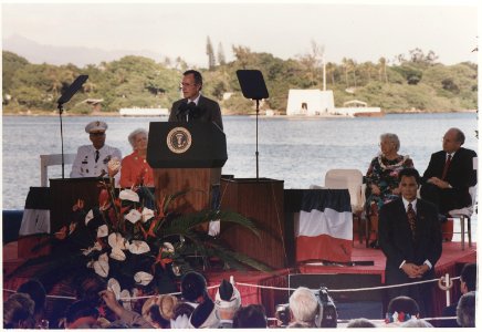 President Bush addresses the ceremony for the Fiftieth Commemorative Anniversary of Pearl Harbor at the Arizona... - NARA - 186443 photo