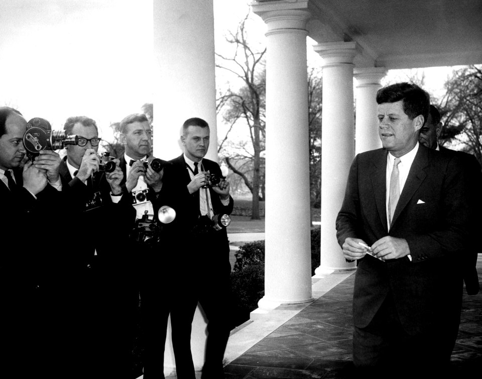 President John F. Kennedy and Vice President Lyndon B. Johnson Walk to Greet Winners of National Science Talent Search (14190071931)
