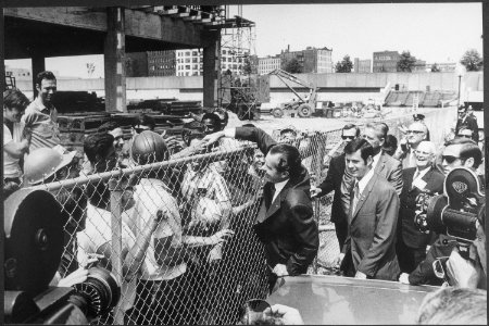President Nixon shaking hands with well wishers at the Monroe County Airport, in Rochester, NY - Subject, Labor - NARA - 194725